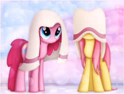 Size: 1095x830 | Tagged: safe, artist:ctb-36, imported from derpibooru, fluttershy, pinkie pie, earth pony, pegasus, pony, abstract background, bubble, covered eyes, ctb-36 is trying to murder us, cute, daaaaaaaaaaaw, diapinkes, duo, featured image, female, grin, hidden eyes, hnnng, mare, shyabetes, smiling, smiling at you, squee, sweet dreams fuel, towel, towel on head, weapons-grade cute, wet, wet mane