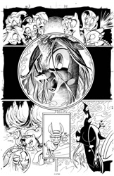 Size: 719x1111 | Tagged: safe, artist:andypriceart, idw, imported from derpibooru, applejack, cranky doodle ryan, fluttershy, pinkie pie, queen chrysalis, rainbow dash, rarity, spike, twilight sparkle, changeling, dragon, earth pony, mule, pegasus, pony, unicorn, the return of queen chrysalis, spoiler:comic, angry, fangs, mane six, official comic, shocked