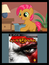 Size: 651x876 | Tagged: safe, imported from derpibooru, babs seed, pony, exploitable meme, female, god of war iii, good gift, meme, obligatory pony, playstation 3, solo