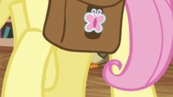 Size: 704x396 | Tagged: safe, edit, edited screencap, imported from derpibooru, screencap, fluttershy, owlowiscious, just for sidekicks, animated, butt, caption, dat ass, dat butt, golden oaks library, head turn, image macro, library, meme, out of context, plot, reaction image, saddle bag, the ass was fat, turned head