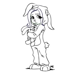 Size: 945x945 | Tagged: safe, artist:megasweet, imported from derpibooru, fluttershy, human, rabbit, bunny costume, bunnyshy, clothes, female, humanized, onesie, pajamas, plushie, slippers, young