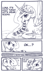 Size: 600x988 | Tagged: safe, artist:kolshica, imported from derpibooru, princess celestia, princess luna, clothes, comic, english, monochrome, pixiv, socks, striped socks, translation