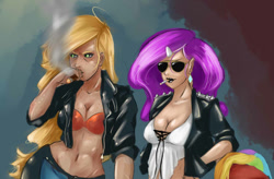 Size: 860x564 | Tagged: safe, artist:sundown, imported from derpibooru, applejack, rarity, human, belly button, cigar, cigarette, horned humanization, humanized, midriff, smoking, valuer