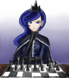 Size: 882x1000 | Tagged: safe, artist:johnjoseco, artist:michos, imported from derpibooru, princess luna, human, cape, chess, clothes, colored, female, humanized, looking at you, military uniform, solo, thinking, uniform, warrior luna