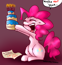 Size: 1178x1249 | Tagged: safe, artist:fatcakes, imported from derpibooru, pinkie pie, earth pony, pony, 30 minute art challenge, cake, eyes closed, new year, open mouth, tongue out