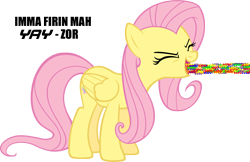 Size: 1500x970 | Tagged: safe, imported from derpibooru, fluttershy, pegasus, pony, caption, eyes closed, female, flutteryay, image macro, lazor, mare, meme, reaction image, shoop da whoop, strange, yay