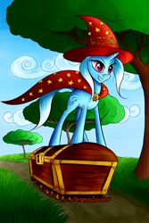 Size: 800x1200 | Tagged: safe, artist:asimos, imported from derpibooru, trixie, pony, unicorn, cape, chest, clothes, crossover, discworld, don't trust wheels, female, hat, mare, rincewind, solo, the luggage, treasure chest, tree, wizzard