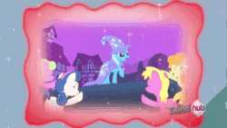 Size: 395x222 | Tagged: safe, imported from derpibooru, screencap, bon bon, carrot top, cherry berry, daisy, flower wishes, golden harvest, trixie, boast busters, magic duel, animated, female, hub logo, male, trixivision