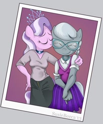 Size: 713x862 | Tagged: safe, artist:susiebeeca, imported from derpibooru, diamond tiara, silver spoon, anthro, female, glasses, happy, kissing, lesbian, shipping, silvertiara