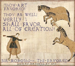 Size: 685x600 | Tagged: safe, imported from derpibooru, earth pony, human, pony, unicorn, bayeux tapestry, bayeux tapestry meme, medieval, meta, roboshi (user), ye olde butcherede englishe, ytmnd