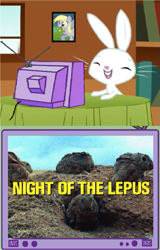 Size: 383x600 | Tagged: safe, imported from derpibooru, angel bunny, derpy hooves, pegasus, pony, exploitable meme, female, mare, meme, night of the lepus, tv meme