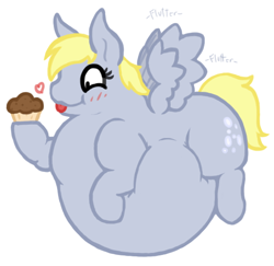 Size: 546x530 | Tagged: safe, artist:queenfrau, imported from derpibooru, derpy hooves, pegasus, pony, aderpose, belly, cupcake, fat, female, mare, muffin, obese, that pony sure does love muffins