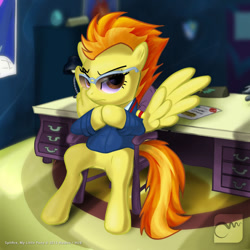 Size: 800x800 | Tagged: safe, artist:marzzel, imported from derpibooru, spitfire, pegasus, pony, chair, clothes, desk, file cabinet, looking at you, office, sitting, spitfire's eyebrows, spitfire's office, uniform, wonderbolts dress uniform