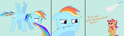 Size: 1879x555 | Tagged: safe, imported from derpibooru, rainbow dash, scootaloo, puking rainbows, rainbow, scootabuse, vomit