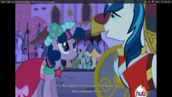 Size: 1360x768 | Tagged: safe, imported from derpibooru, screencap, bruce mane, eclair créme, shining armor, twilight sparkle, a canterlot wedding, youtube caption