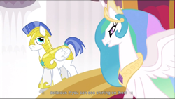 Size: 1360x768 | Tagged: safe, edit, edited screencap, imported from derpibooru, screencap, princess celestia, alicorn, pegasus, pony, the crystal empire, female, male, mare, pegasus royal guard, royal guard, stallion, youtube caption