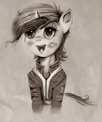 Size: 1024x1220 | Tagged: dead source, safe, artist:hereticofdune, imported from derpibooru, oc, oc only, oc:littlepip, pony, unicorn, fallout equestria, black and white, clothes, cute, fanfic, fanfic art, female, grayscale, horn, jumpsuit, mare, monochrome, open mouth, pipabetes, simple background, solo, teeth, vault suit