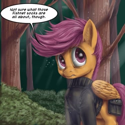 Size: 600x600 | Tagged: safe, artist:aphexangel, imported from derpibooru, scootaloo, pony, ask stalkerloo, ask, clothes, female, implications, solo, stalkerloo, tree, tumblr