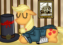 Size: 862x613 | Tagged: safe, artist:wisewatcher, imported from derpibooru, applejack, pony, clothes, eyes closed, female, hat, prone, solo, top hat