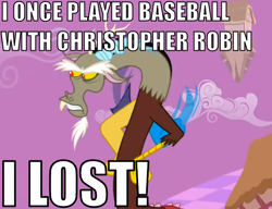 Size: 622x478 | Tagged: safe, edit, edited screencap, imported from derpibooru, screencap, discord, draconequus, the return of harmony, angry, christopher robin, cropped, discorded landscape, image macro, male, purple sky, solo, winnie the pooh home run derby