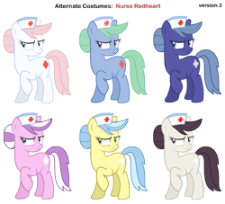 Size: 3200x2900 | Tagged: safe, artist:lockiesajt, artist:pika-robo, imported from derpibooru, nurse coldheart, nurse redheart, nurse snowheart, nurse sweetheart, nurse tenderheart, nursery rhyme, earth pony, pony, my little pony tales, alternate clothes, alternate costumes, female, g1, g1 to g4, g4, generation leap, hat, mare, melody's mother, nurse, nurse hat, palette swap, raised hoof, recolor, simple background, transparent background