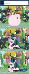 Size: 650x1625 | Tagged: safe, artist:mixermike622, imported from derpibooru, queen chrysalis, oc, oc:fluffle puff, changeling, changeling queen, pony, tumblr:ask fluffle puff, canon x oc, chrysipuff, cute, cutealis, cuteling, dialogue, female, flufflebetes, hissing, lesbian, ponyville, shipping