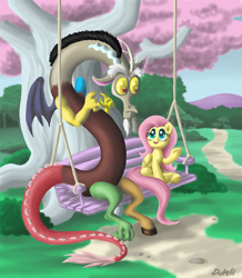 Size: 757x868 | Tagged: safe, artist:dulali, imported from derpibooru, discord, fluttershy, draconequus, pegasus, pony, keep calm and flutter on, bench, discoshy, duo, female, looking at each other, looking at someone, male, shipping, straight, talking