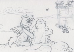 Size: 1200x848 | Tagged: safe, artist:cobaltsnow, imported from derpibooru, derpy hooves, rainbow dash, pegasus, pony, clothes, cloud, cloudsdale, female, mare, monochrome, pencil drawing, question mark, scarf, sitting, smiling, solo focus, spread wings, tongue out, traditional art, wings