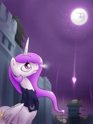 Size: 1200x1600 | Tagged: safe, artist:conicer, imported from derpibooru, princess celestia, pony, clothes, female, g4, lonely, mare in the moon, moon, night, scarf, solo