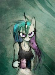 Size: 600x819 | Tagged: safe, artist:foxinshadow, imported from derpibooru, princess celestia, anthro, cigarette, coffee, female, grumpy, morning ponies, smoking, solo, traditional art
