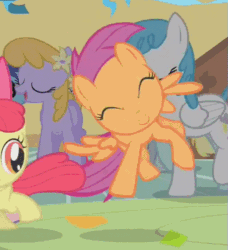 Size: 497x546 | Tagged: safe, imported from derpibooru, screencap, apple bloom, derpy hooves, drizzle, lightning bolt, minuette, scootaloo, white lightning, pegasus, pony, call of the cutie, animated, barrel roll, cropped, dancing, female, flying, mare, spinning, you spin me right round