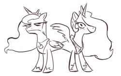 Size: 1005x636 | Tagged: artist needed, safe, imported from derpibooru, princess celestia, princess luna, catdog, conjoined, conjoined royal sisters, conjoined twins, lineart, monochrome, wat