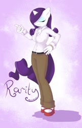 Size: 1188x1850 | Tagged: safe, artist:tesslashy, imported from derpibooru, rarity, anthro, unguligrade anthro, unicorn, bracelet, breasts, cleavage, clothes, eyes closed, female, high heels, hoof shoes, jewelry, pants, shirt, solo