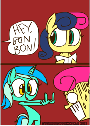 Size: 610x859 | Tagged: safe, artist:mushroomcookiebear, imported from derpibooru, bon bon, lyra heartstrings, sweetie drops, bon bon is not amused, comic, female, hand, lesbian, lyrabon, middle finger, shipping, vulgar