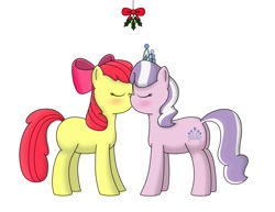 Size: 900x695 | Tagged: safe, artist:pvryohei, imported from derpibooru, apple bloom, diamond tiara, earth pony, pony, diamondbloom, female, holly, holly mistaken for mistletoe, kiss on the lips, kissing, lesbian, shipping