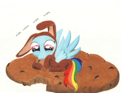 Size: 1165x896 | Tagged: safe, artist:theepicblogofponies, imported from derpibooru, rainbow dash, cookie, nom, traditional art