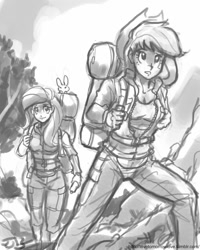 Size: 680x850 | Tagged: safe, artist:johnjoseco, imported from derpibooru, angel bunny, applejack, fluttershy, human, grayscale, hiking, humanized, monochrome