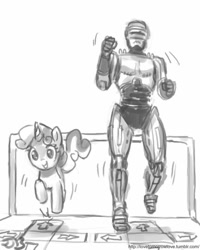 Size: 680x850 | Tagged: safe, artist:johnjoseco, imported from derpibooru, sweetie belle, human, crossover, dance dance revolution, grayscale, monochrome, rhythm game, robocop, wat
