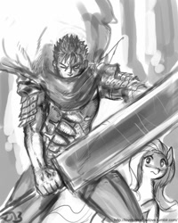 Size: 680x850 | Tagged: safe, artist:johnjoseco, imported from derpibooru, fluttershy, human, pegasus, pony, anime, armor, berserk, crossover, grayscale, guts (berserk), monochrome, sword, weapon