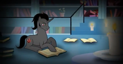 Size: 639x334 | Tagged: safe, imported from derpibooru, king sombra, pony, unicorn, a tale of one shadow, book, candle, crystal empire, library, male, reading, solo, sombra's cutie mark, studying