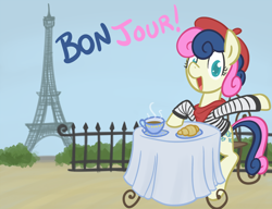Size: 800x613 | Tagged: safe, artist:atlur, deleted from derpibooru, imported from derpibooru, bon bon, sweetie drops, beret, bonafied, bonpun, cafe, coffee, croissant, eiffel tower, france, french, solo