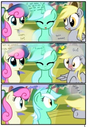Size: 1741x2500 | Tagged: safe, artist:pyruvate, imported from derpibooru, bon bon, derpy hooves, lyra heartstrings, earth pony, pegasus, pony, unicorn, comic:the usual, :3, comic, female, mare