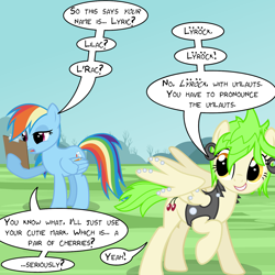 Size: 1280x1280 | Tagged: safe, artist:violetclm, imported from derpibooru, cherry crash, rainbow dash, pegasus, pony, equestria girls, background human, clipboard, comic, dialogue, equestria girls ponified, lÿröck, pencil, ponified, speech bubble