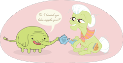 Size: 3000x1538 | Tagged: safe, artist:ivyhaze, imported from derpibooru, granny smith, adventure time, crossover, drink, speech bubble, tea, teacup, teapot, tree trunks