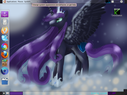 Size: 1024x768 | Tagged: safe, artist:xxspidersilkxx, imported from derpibooru, princess luna, rainbow dash, oc, oc:nyx, alicorn, pony, adult, alicorn oc, cloud, cutie mark, desktop, gnome (desktop), linux, night, night sky, older, older nyx, on a cloud, sky, skype, ubuntu