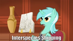 Size: 1280x720 | Tagged: safe, imported from derpibooru, lyra heartstrings, alien, pony, unicorn, ancient aliens, female, giorgio a. tsoukalos, image macro, interspecies, mare, shipping, solo, vase