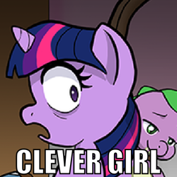 Size: 500x500 | Tagged: safe, artist:muffinshire, edit, imported from derpibooru, spike, twilight sparkle, comic:twilight's first day, baby, baby spike, caption, clever girl, cropped, filly, filly twilight sparkle, image macro, jurassic park, needs more jpeg, vomit, younger