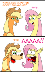 Size: 450x710 | Tagged: safe, artist:hellarmy, imported from derpibooru, applejack, fluttershy, dog, pony, comic, goofy, goofy (disney), mickey mouse, nightmare fuel, scared, shocked, silly, silly pony, tongue out, wat, who's a silly pony, why