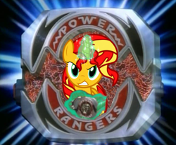 Size: 640x529 | Tagged: safe, artist:wolfjava, edit, imported from derpibooru, sunset shimmer, pony, unicorn, derail in the comments, glowing horn, horn, irl, light burst background, magic, mighty morphin power rangers, morpher, morphin time, morphing, photo, ponies in real life, power morpher, power rangers, red ranger, solo, sunset morphs, telekinesis, vector