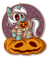 Size: 400x486 | Tagged: safe, artist:xkappax, imported from derpibooru, lyra heartstrings, pony, unicorn, cute, female, halloween, jack-o-lantern, lyrabetes, mare, mouth hold, mummy, nightmare night, pumpkin, simple background, solo, transparent background